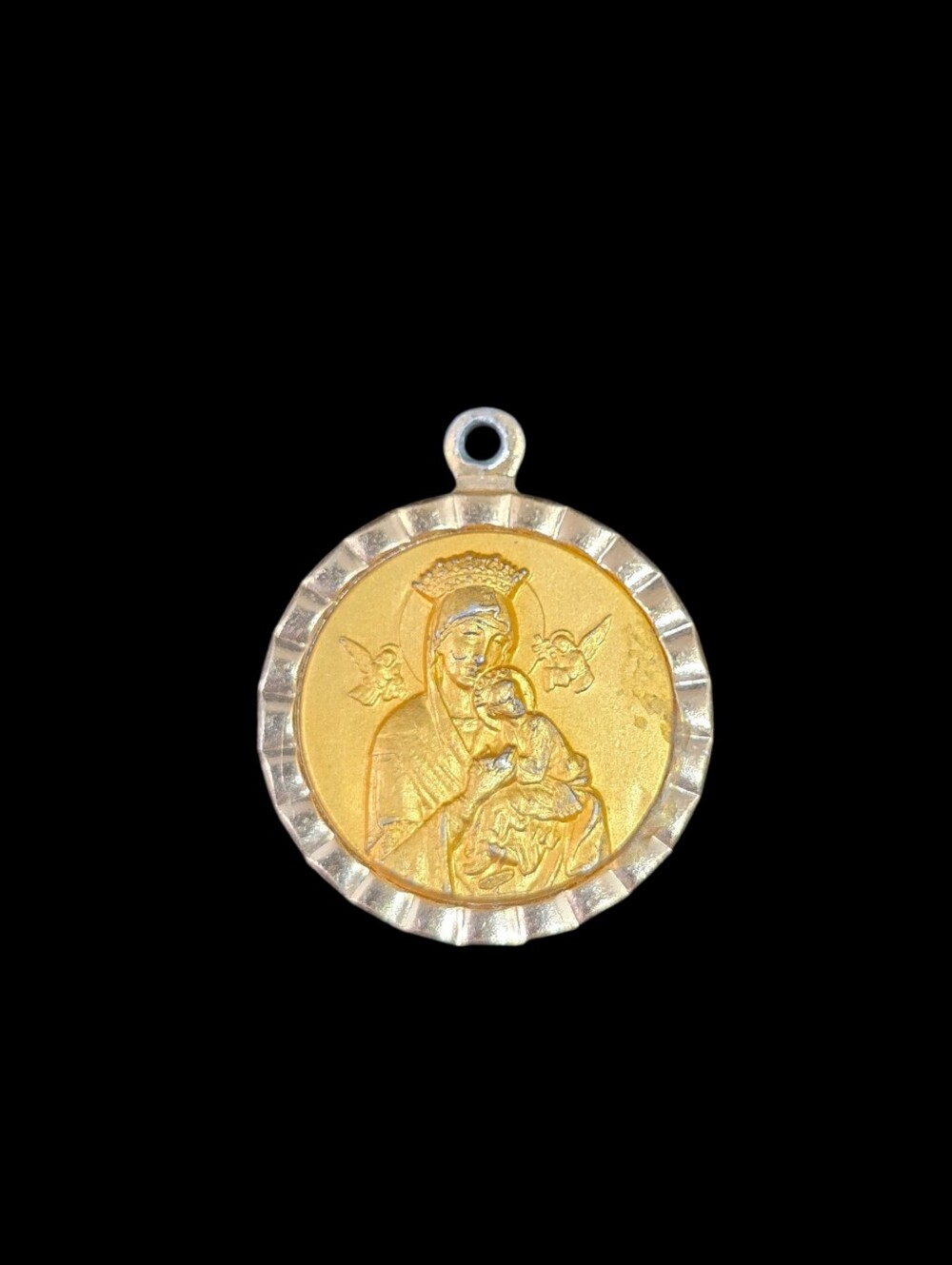 Vintage Gold Toned Religious Medal Virgin Mary Baby Jesus Pendant Made in Italy